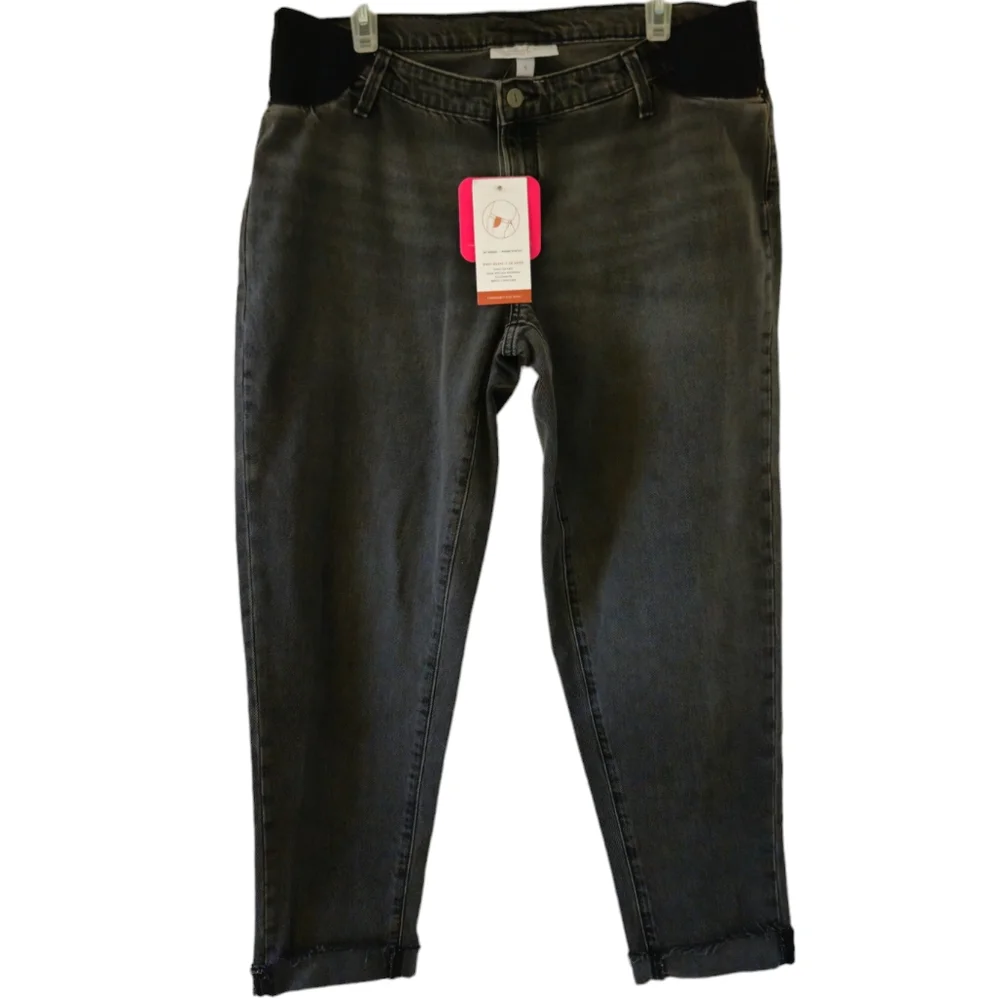 Isabel Maternity Jeans Charcoal Power Stretch Denim Raw Hem Side Panel Elastane - Picture 1 of 7